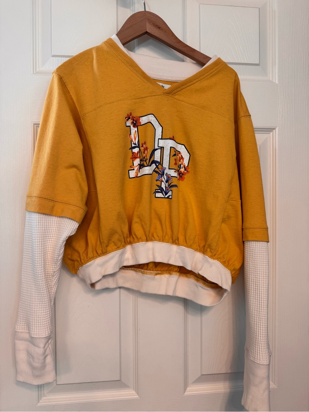 Anthropologie Mustard and White Layered-Look Floral Sweatshirt